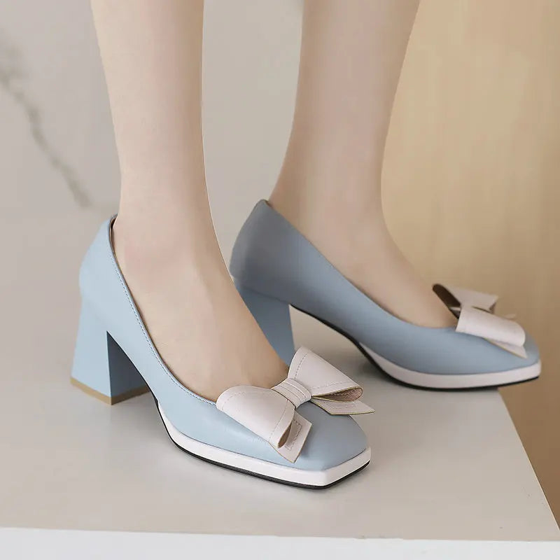 🍒Bow-tie heels women elegant shoes medium block heel pumps office wedding party shoes for occasions