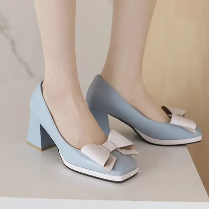 🍒Bow-tie heels women elegant shoes medium block heel pumps office wedding party shoes for occasions