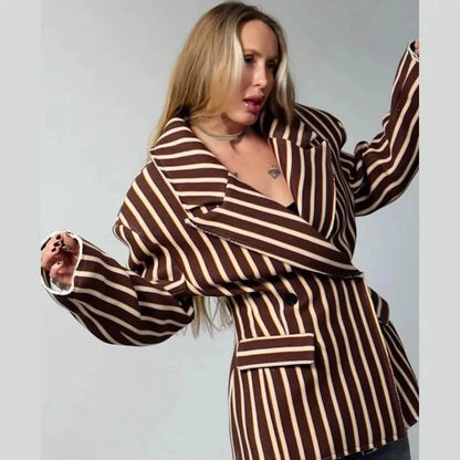 🍒Striped print blazer women's full Sleeve jacket with notched lapel collar double breasted spring coat fashion wear office clothing   Look Chocolate In Orange