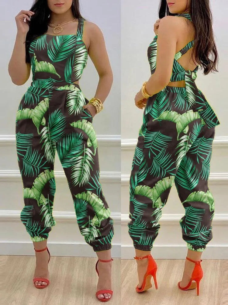 🍒Summer printed jumpsuit backless with straps fashion sleeveless one piece casual wear womens romper outfit with bows pocket trousers Overall Colourful Cool