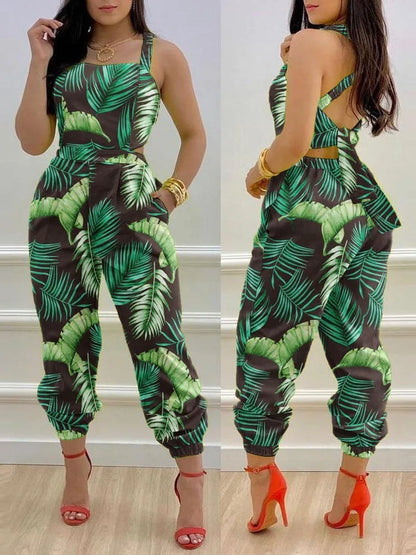 🍒Summer printed jumpsuit backless with straps fashion sleeveless one piece casual wear womens romper outfit with bows pocket trousers Overall Colourful Cool
