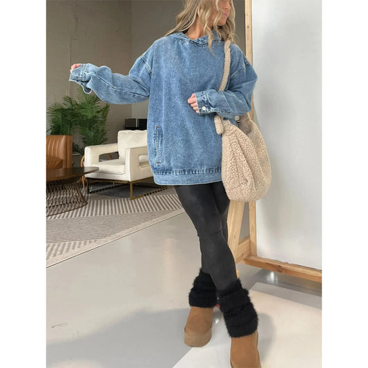 🍒Denim hoodie jeans pullover for women hooded Y2k asthetic distressed top washed loose outer garment casual clothing