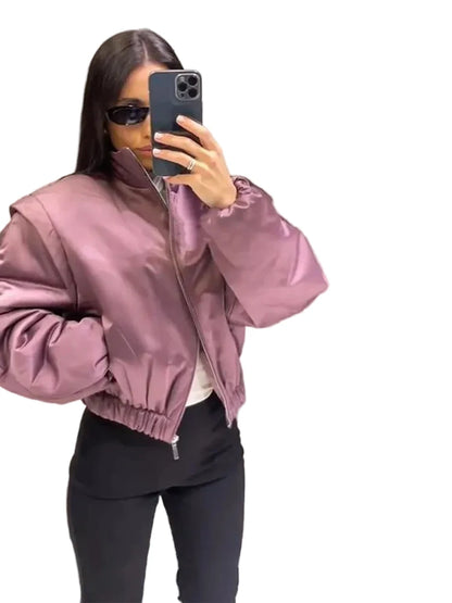 🍒Long sleeve bomber jacket women zipper with stand collar outerwear short casual coat solid chic female sateen clothing fashion   Get Into Mauve