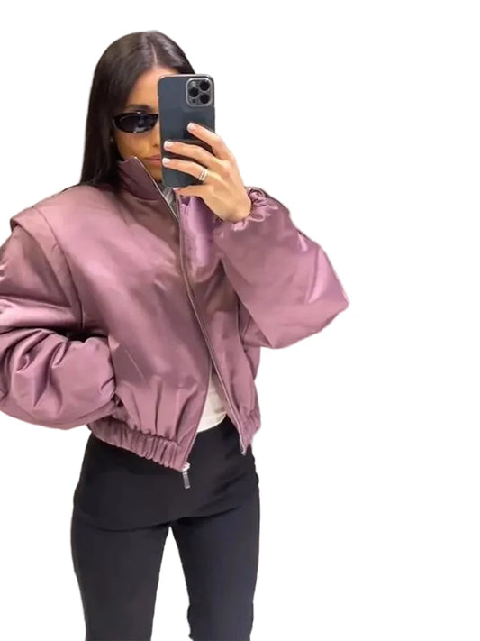 🍒Long sleeve bomber jacket women zipper with stand collar outerwear short casual coat solid chic female sateen clothing fashion   Get Into Mauve