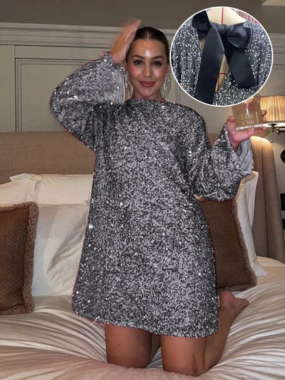 🍒Bow tie sequin dress for women long sleeve shiny mini dress female chic backless evening party dress with back bow crop sequin jacket long sleeve with satin bow front  occasion party wear