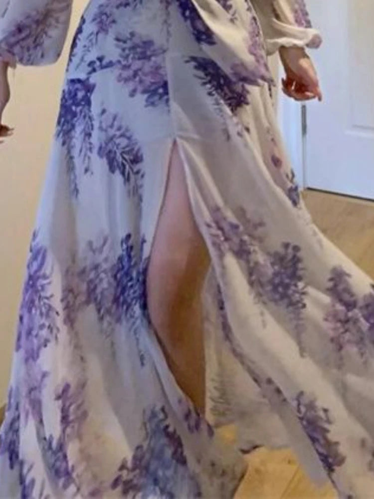 🍒Floral print sweet dresses Y2k aesthetic v-neck bodycon with puff sleeves a-line dress with front slit purple