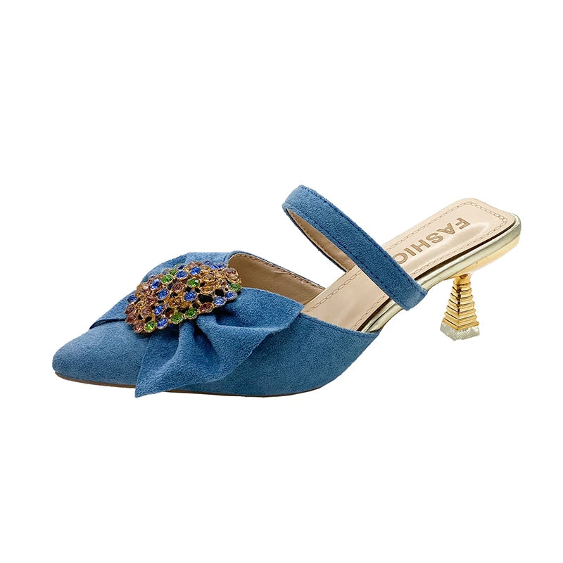 🍒Womens crystal sandals closed toe summer shoes pointed toe mules with bow kitten heel pumps smart casual footwear dress slippers for occasion wear Dont Be Disapointed Get your Point