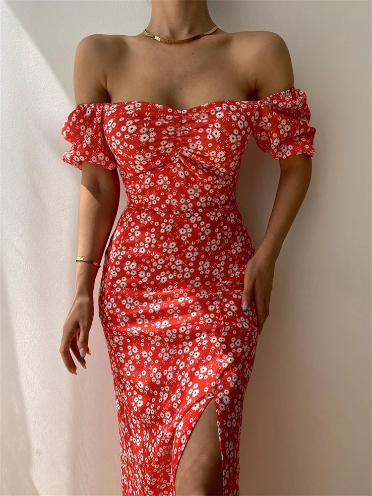 🍒Floral print party dress elegant women off shoulderless backless outfit summer slit boho midi smart casual ladies clothing Figure Out Your Floral Fashion