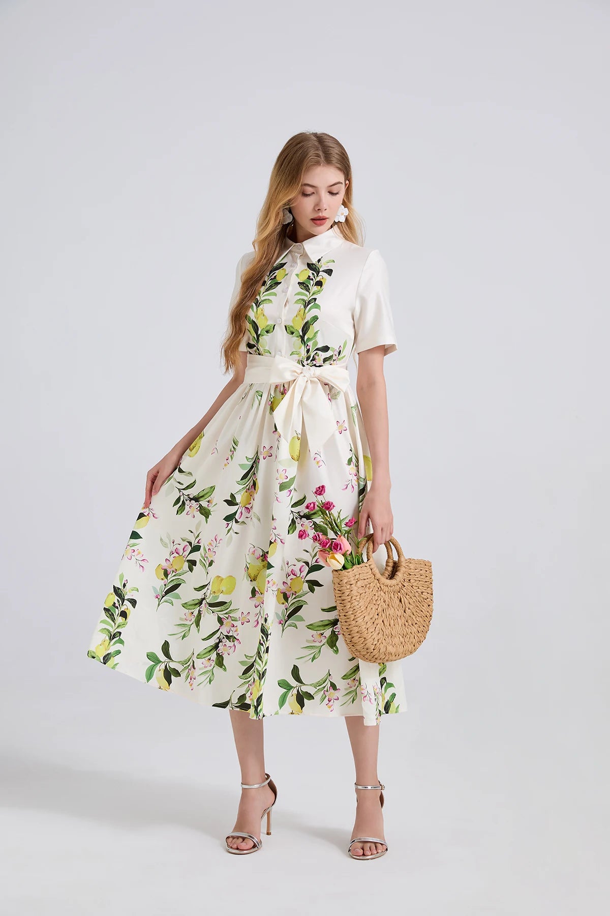 🍒Fashion midi dress shirt summer women bohemian short sleeve floral outfit lemon print sundress belted elegant long dress smart casual clothes