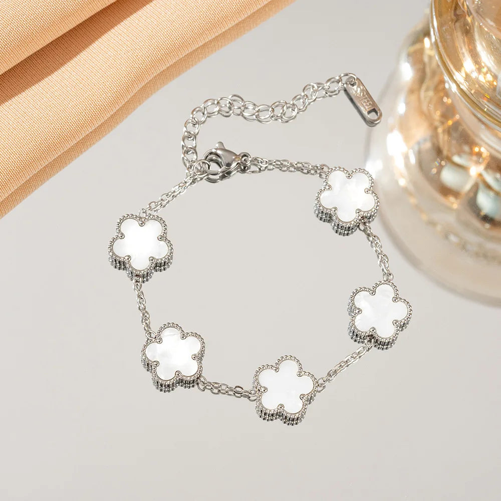 🍒Five leaf clover bracelet flower petal shell bracelet for women double sided blossom flower smart casual stainless steel jewellery colourful accessories delicate and durable