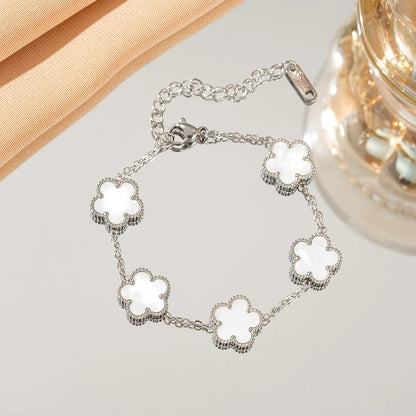 🍒Five leaf clover bracelet flower petal shell bracelet for women double sided blossom flower smart casual stainless steel jewellery colourful accessories delicate and durable