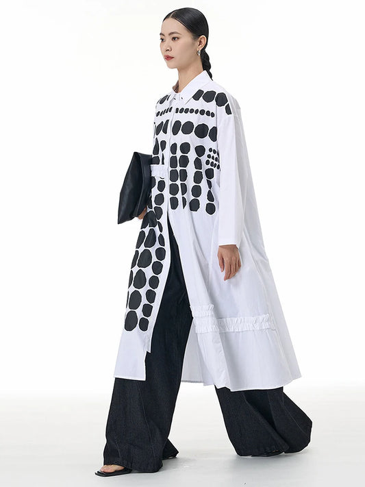 🍒Dot shirt black and white elegant plus size midi dress spring autumn fashion long sleeve fashion smart casual wear women Spot On Shirt