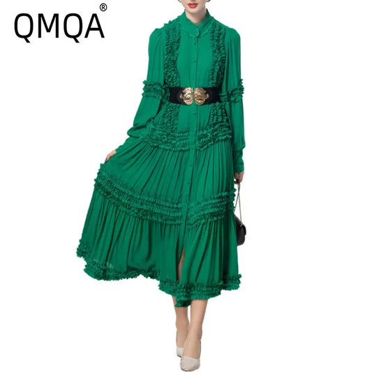 🍒 Stand collar ruffle hem maxi dress long sleeved single breasted shirt dress large belted swing dress smart casual clothing women Vibe In Verdigri