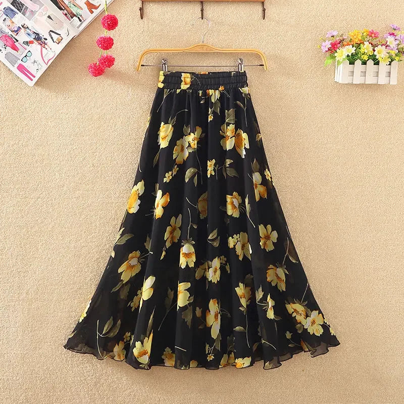 🍒Chiffon a-line skirt high waist long smart casual women trend modest vintage clothing quality fashion wear Floor-all With This Floral