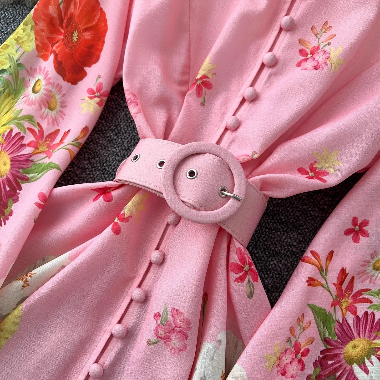 🍒Floral print maxi dress puff sleeve pattern womens stand collar outfit with flowers belt single breasted shirt dress gorgeous prom party wear  occasion fashion wedding guest clothes Get Pink Lemonade At A Garden Party