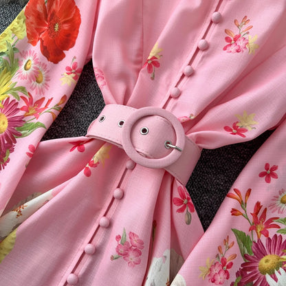 🍒Floral print maxi dress puff sleeve pattern womens stand collar outfit with flowers belt single breasted shirt dress gorgeous prom party wear  occasion fashion wedding guest clothes Get Pink Lemonade At A Garden Party