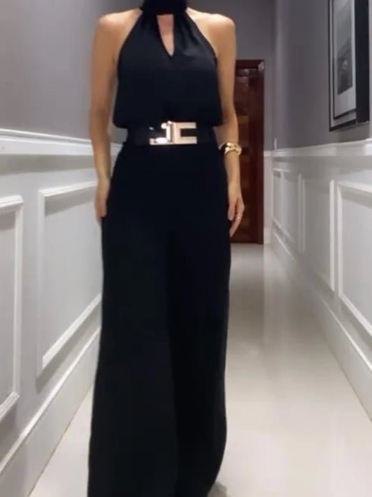 🍒Womens two piece sets lomg  pants and top round neck sleeveless set solid casual hollow out tank and wide leg long pants elegant occasion party wear Top Trouser Top Shop