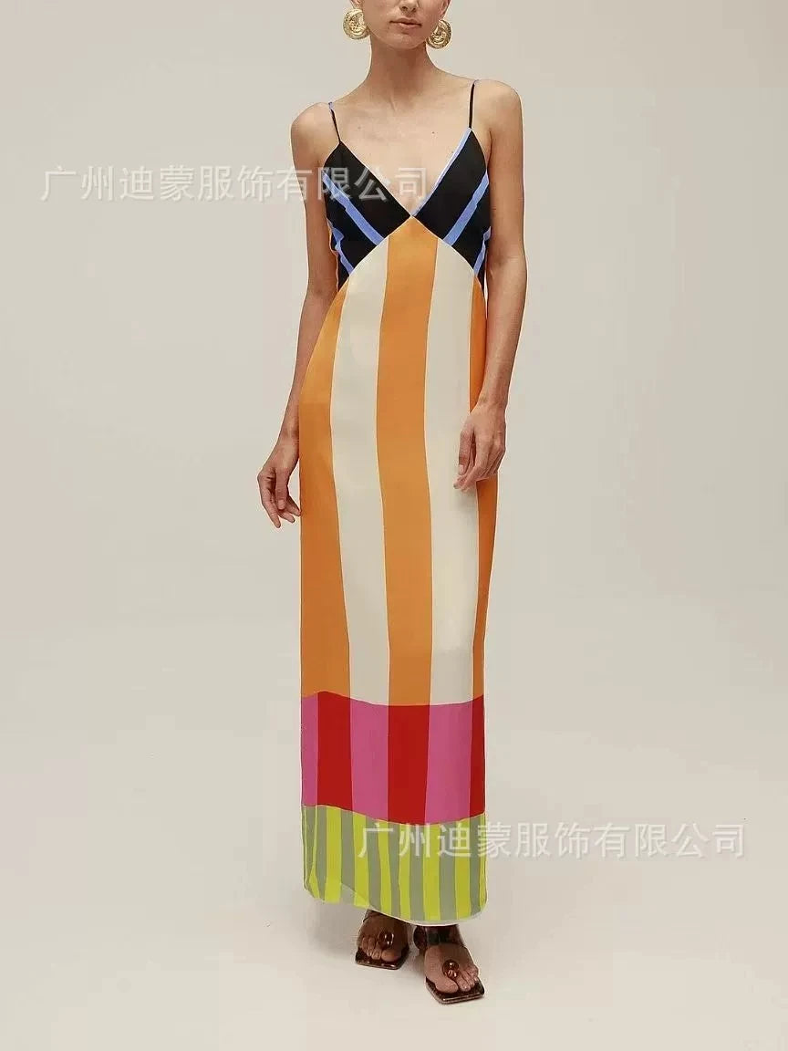 🍒 Colourful High waist maxi  striped dress fashion smart casual elegant party occasion wear long outfit women spaghetti strap bohemian summer fashion wear Their Will Be Double Takes With This Four Stripes