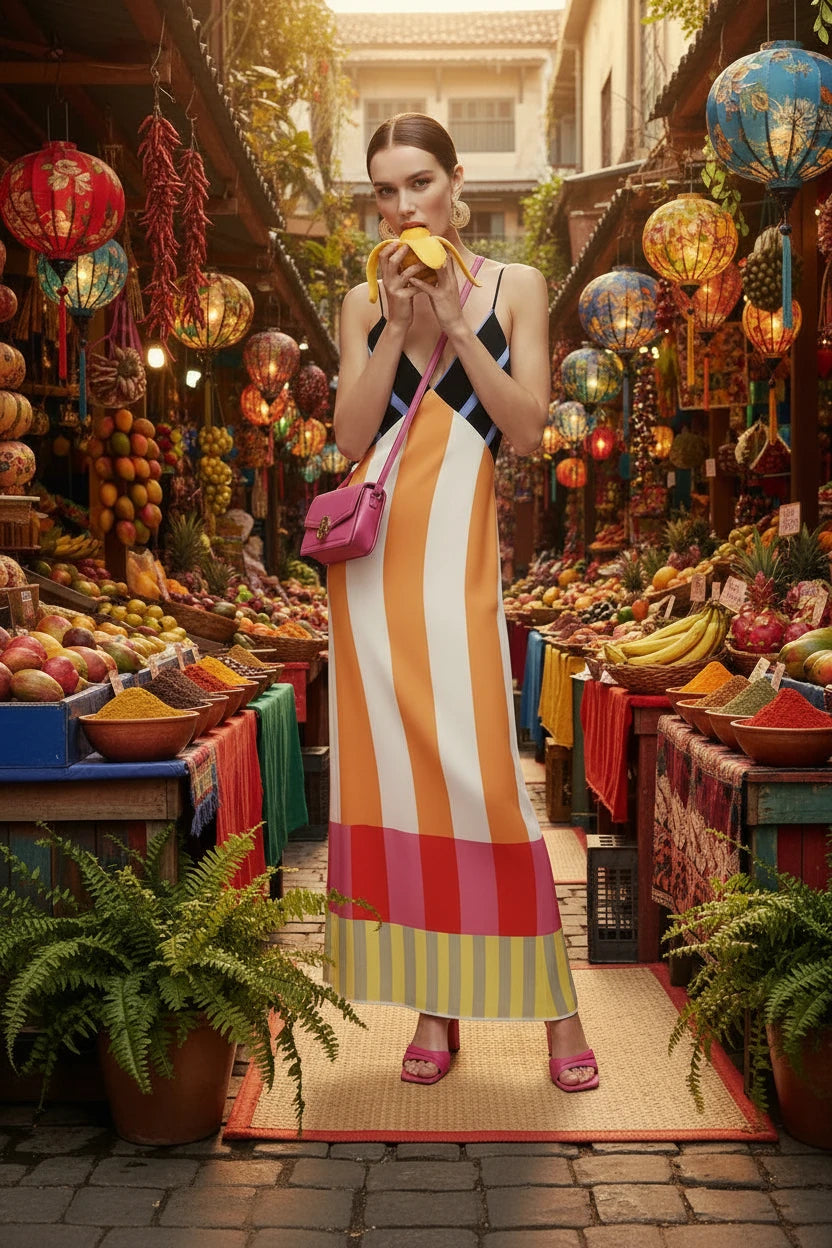 🍒 Colourful High waist maxi  striped dress fashion smart casual elegant party occasion wear long outfit women spaghetti strap bohemian summer fashion wear Their Will Be Double Takes With This Four Stripes