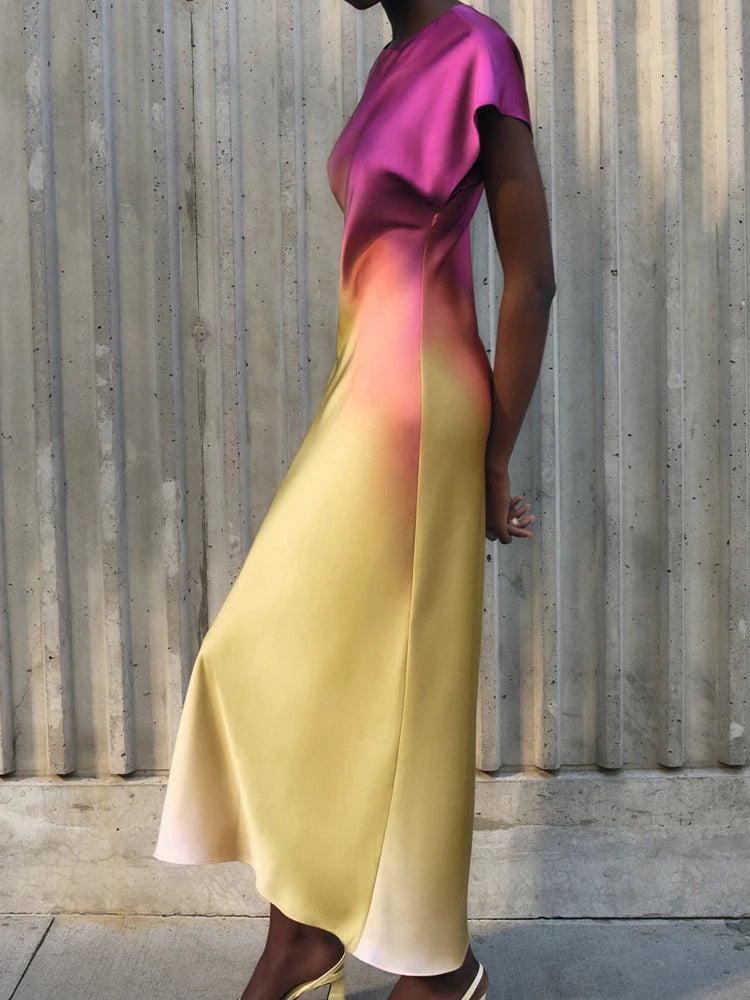 🍒Maxi gradient dress women summer wear elegant short sleeve satin outfit fashion slim fit high street clothing for occasion evening wear party wear Eat Summer Ice cream In Your Ice cream Summer