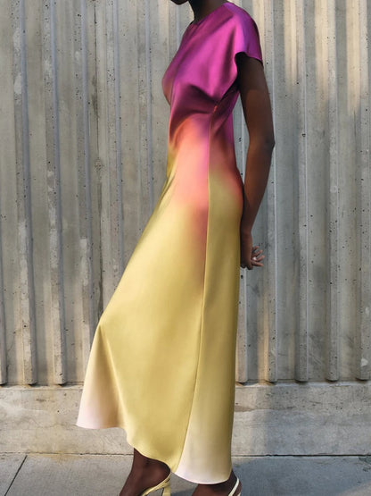 🍒Maxi gradient dress women summer wear elegant short sleeve satin outfit fashion slim fit high street clothing for occasion evening wear party wear Eat Summer Ice cream In Your Ice cream Summer
