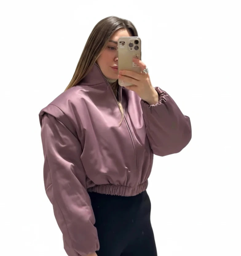 🍒Long sleeve bomber jacket women zipper with stand collar outerwear short casual coat solid chic female sateen clothing fashion   Get Into Mauve