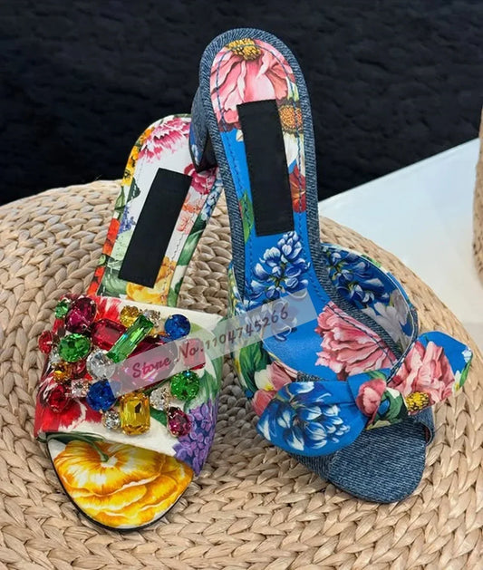 🍒Printed sandals mules floral mid heels red yellow multi-color  crystal shoes for women sandals for wedding guests gem stone embellished party slippers for women occasion footwear modern slip on pumps Pump Up Your Foowear Wardrobe