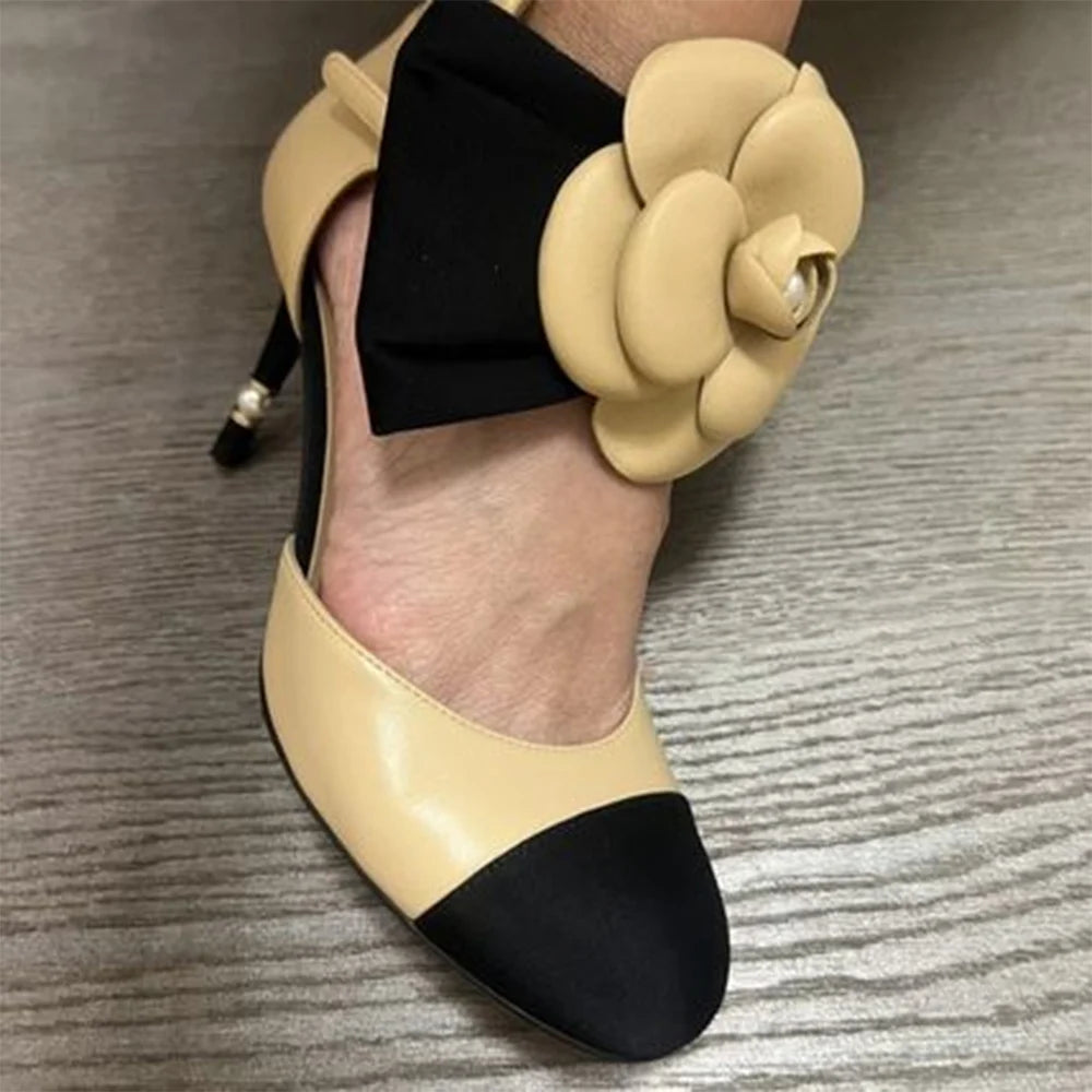 🍒Round toe floral high heels pearl design shoes sandals camellia flower straps stiletto with bow fashion footwear for women Mary Janes two tone Get Your Toes In A Rose