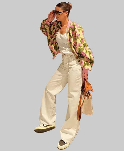 🍒Floral fleece bomber jacket women smart casual elegant stand collar bomber embroidery long sleeve zip up short coat spring outerwear 3D clothing  Fab Fleece Flowery Fashion Fun