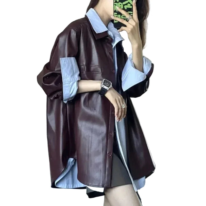 🍒Shirt style jackets faux leather womens oversized outerwear solid single breasted spring/autumn stylish vintage turn-down collar windbreak casual coats chic female clothing     Luvly Lazy-Like Leather Look
