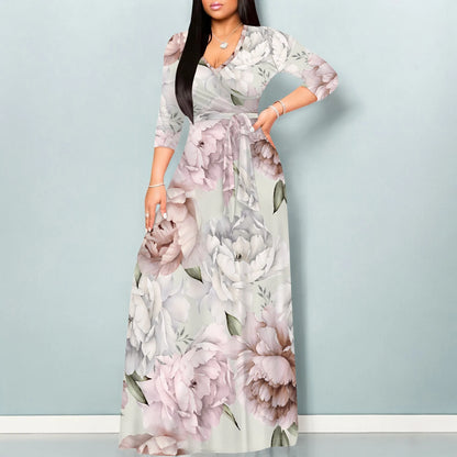 🍒Womens plus size maxi dresses boho print 3/4 sleeves outfit for smart casual beachwear party clothes swing style with belt Girl Power Flower