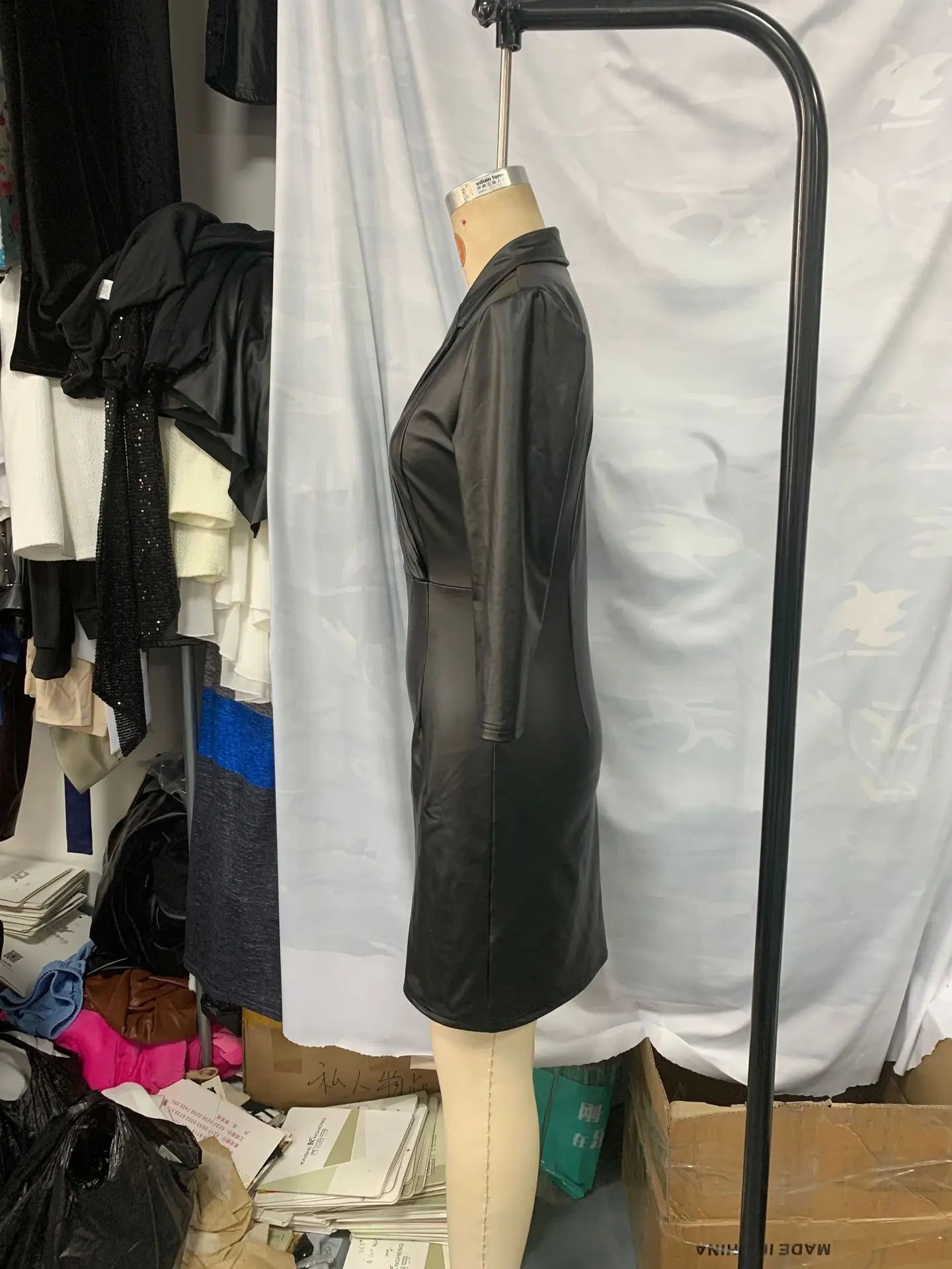 🍒Black faux leather dress womens lapel outfit chic occasion wear female fashion clothing smartwear v-neck bodycon autumn and winter wear Lavish Liquorice Leather Look