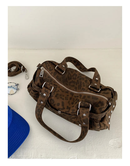 🍒Vintage leopard handbag rivet bag motorcycle barrel shaped crossbody bag boston casual female shoulder fashion totes  Jump On This Animal Its Barrels Of Fun