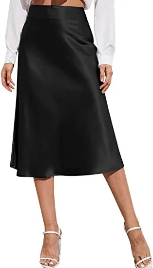 🍒Satin high waist midi skirt solid color a line skirt silky elegant fashion party wear smart casual clothing for women Shine In Satin