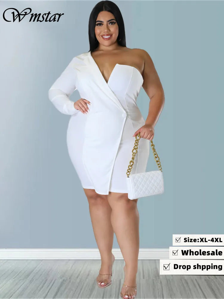 🍒One shoulder plus size dress wedding guest party outfit women v-neck single long sleeve solid suit dress mini occasion clothing Be Redy And Fresh In A Cool Dress