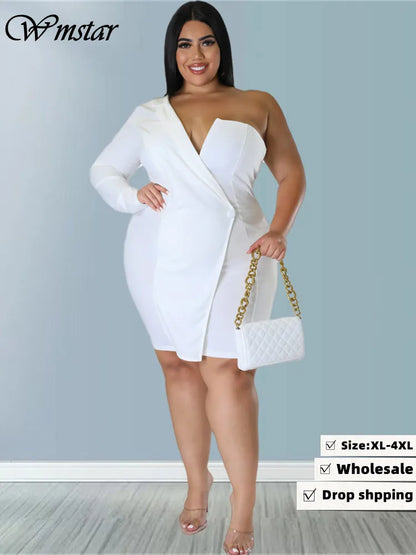 🍒One shoulder plus size dress wedding guest party outfit women v-neck single long sleeve solid suit dress mini occasion clothing Be Redy And Fresh In A Cool Dress