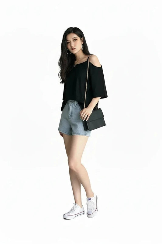 🍒Cold shoulder t-shirts women plain tops sphagetti straps Y2k clothing fashion tees female  casual clothes Grow Your Carrots And Peas its black and white