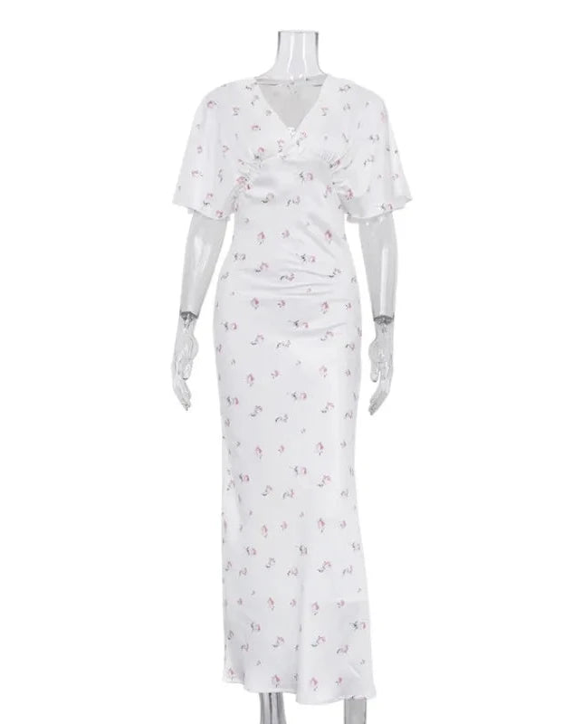 🍒White floral satin maxi dress for women casual or occasion wedding guest beach vacation outfit flower printed v-neck dress womens fashion slim fit waist short butterfly sleeve long summer wear with short sleeves high waist cute comfy casu-casion