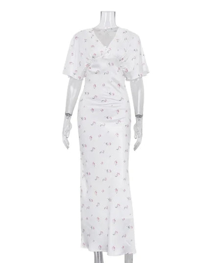 🍒White floral satin maxi dress for women casual or occasion wedding guest beach vacation outfit flower printed v-neck dress womens fashion slim fit waist short butterfly sleeve long summer wear with short sleeves high waist cute comfy casu-casion