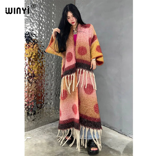 🍒winter coat for women fashion print long outdoor cardigan with  tassels luxury knitted overcoat thick europe warm long knit jacket cardigan Hot Spot