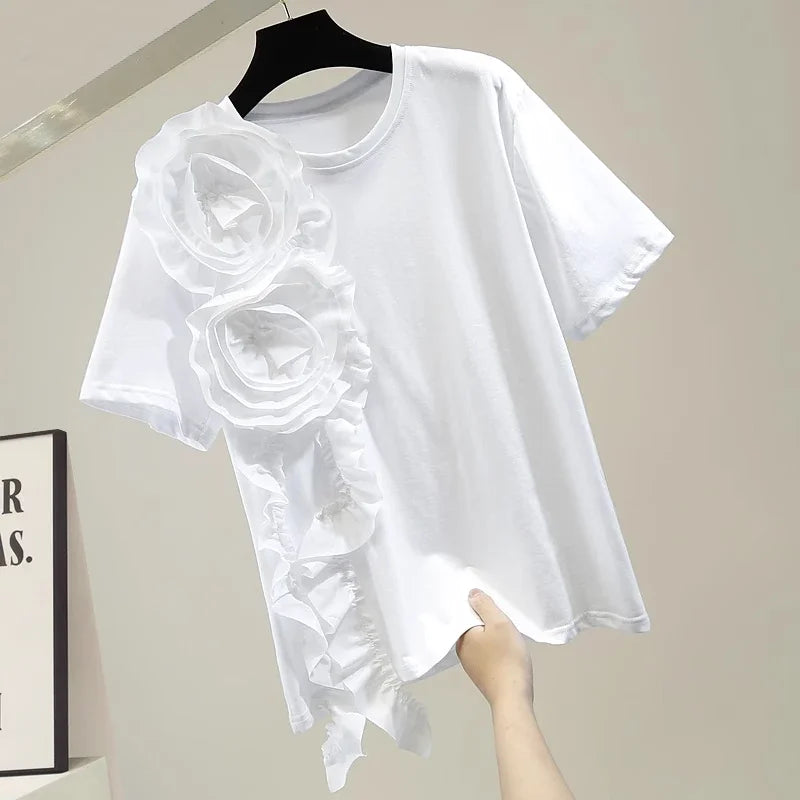 🍒Summer t-shirts for women o-neck smart casual tops t-shirt for party 3D floral tees occasion wear oversized shirts Look A'white At Night