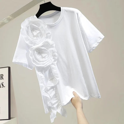 🍒Summer t-shirts for women o-neck smart casual tops t-shirt for party 3D floral tees occasion wear oversized shirts Look A'white At Night