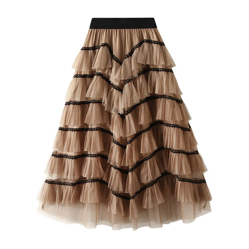 🍒Mesh cake skirt elasticated waist summer fashion midi long skirts for women female smart casual clothes princess skirts for adults occasion party wear Teirs Of Fashion Passion