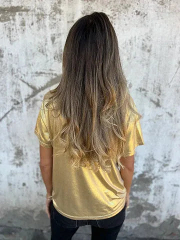 🍒Metalic loose top shiny short sleeve tee womens special occasion tops gold t-shirt o-neck fashion smart casual ladies clothes  Top 'Talic Tee