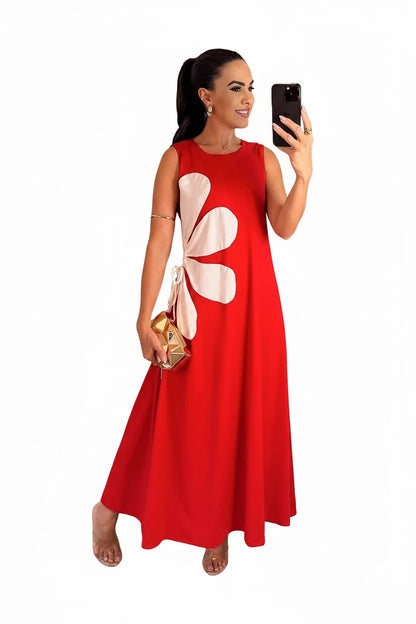 🍒Floral placement dress sleeveless summer fashion for women floral outfit printed waist hollow out maxi dress female casual wear holiday wear beach party clothing Sleeveless Back zipper vacation wear  Be A flower Girl On The Side
