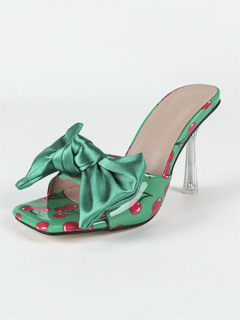 🍒Transparent heeled slippers For Woman colourful silk bowknot design heels party wear sandal shoes occasion footwear fashion cherry pattern mules slides Present A Bow To You