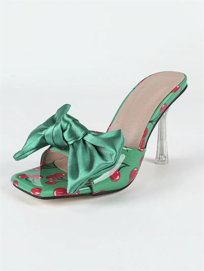 🍒Transparent heeled slippers For Woman colourful silk bowknot design heels party wear sandal shoes occasion footwear fashion cherry pattern mules slides Present A Bow To You