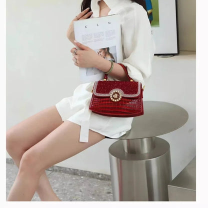 🍒Luxury designer alligator handbag women high end bag trendy shoulder bag diamond studded crossbody Pick Up A Pretty Pearl