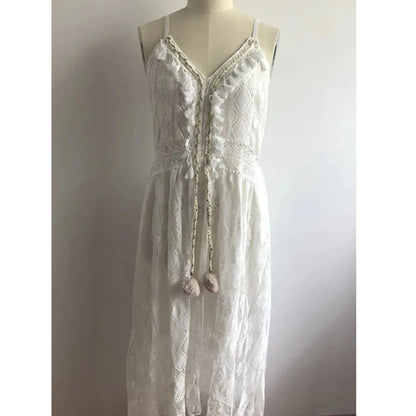 🍒Sleeveless lace dress spaghetti straps camisole long mesh outfit v-neck loose summer fashion for women tassel loose beach wear for women solid colour holiday wear Do A Spot Of Sunbathing In  Beachy Lace