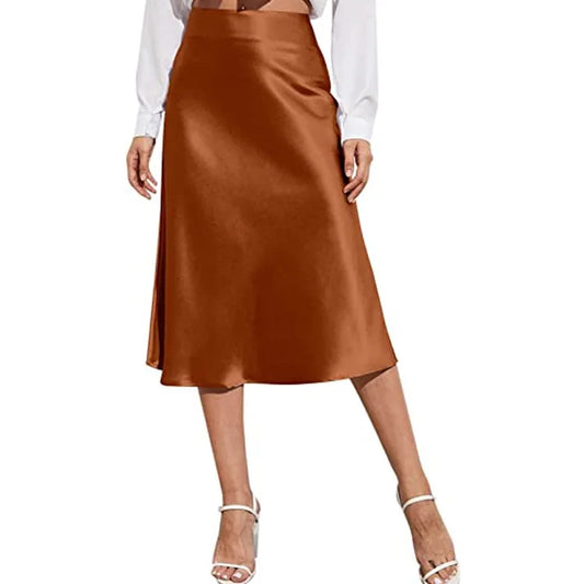 🍒Satin high waist midi skirt solid color a line skirt silky elegant fashion party wear smart casual clothing for women Shine In Satin